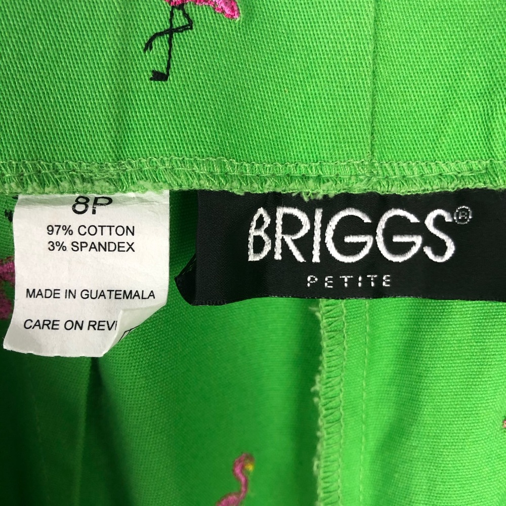 Briggs Pink Flamingo Embroidered Green Capri Pants - Picture 11 of 13